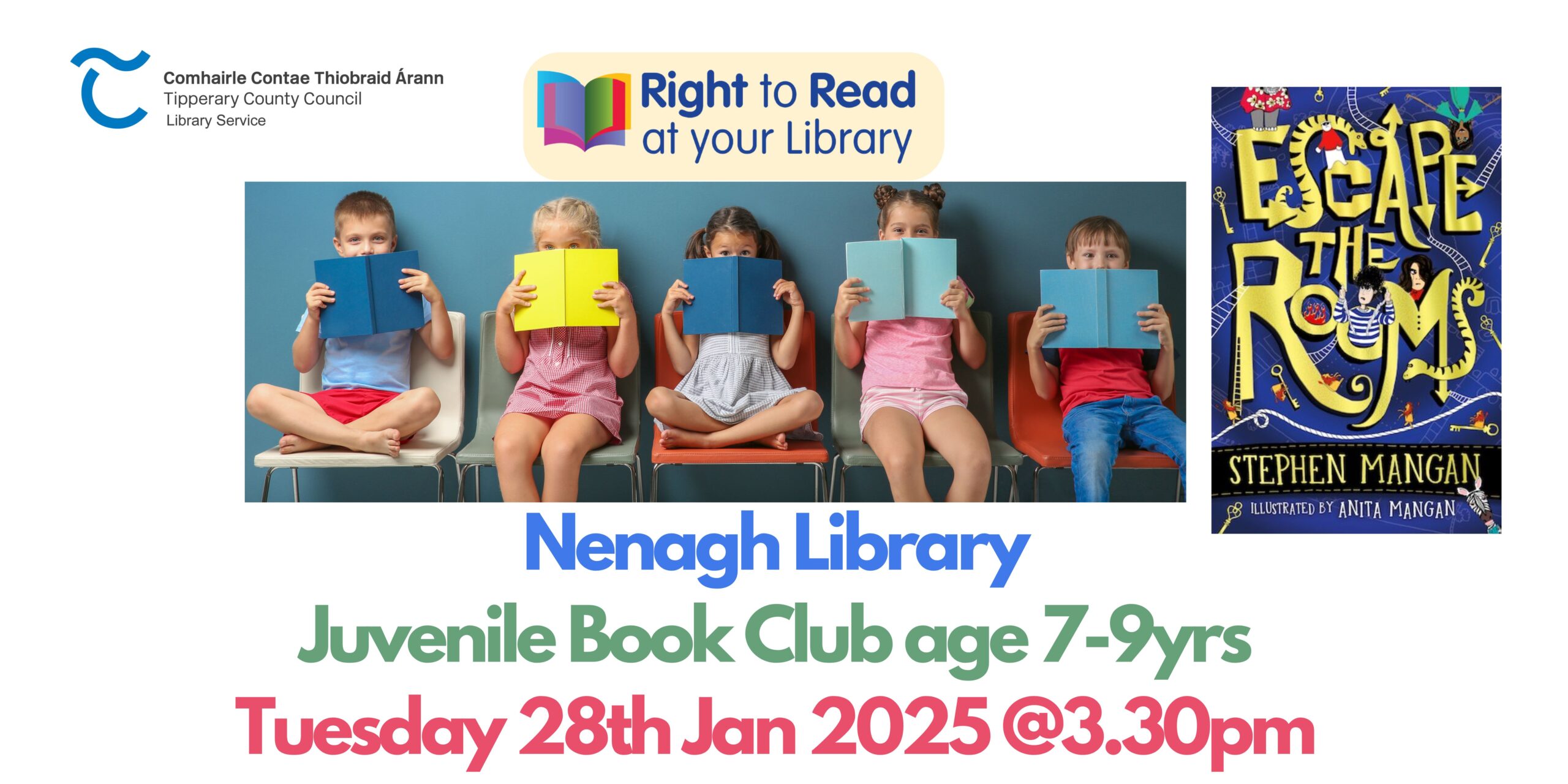 Nenagh Library’s Junior Book Club welcomes all young book enthusiasts aged 7 to 9! Mark your calendars for Tuesday, January 28th, 2025, at 3:30 PM. Together, we will dive into “Escape the Rooms” by Stephen Mangan.