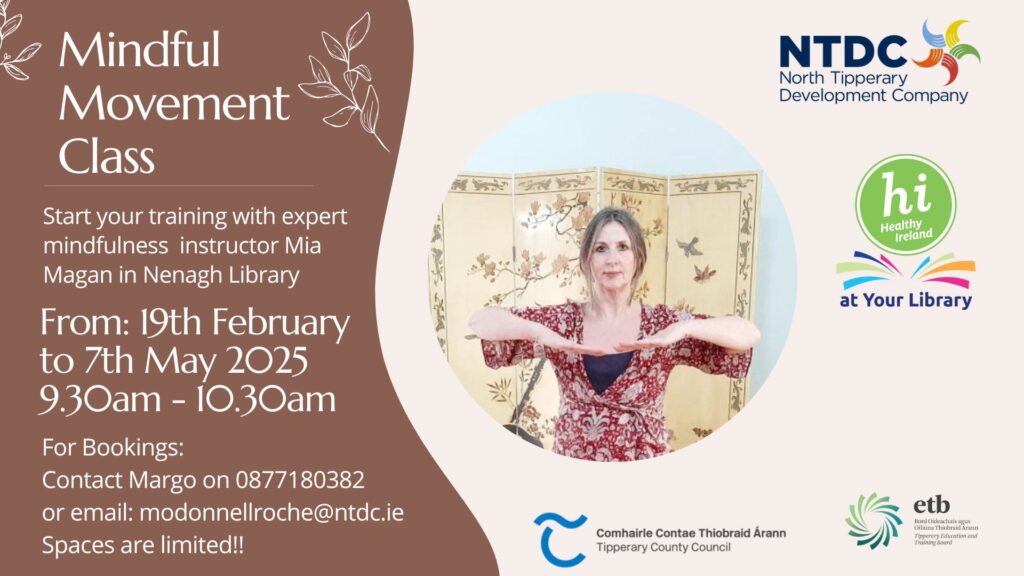 This Mindful Movement class offers a holistic approach that weaves together physical, emotional, and cognitive elements into your activity, enhancing overall well-being. Please note that spaces are limited. To make a booking, you can: Contact Margo at 0877180382 Email modonnellroche@ntdc.ie