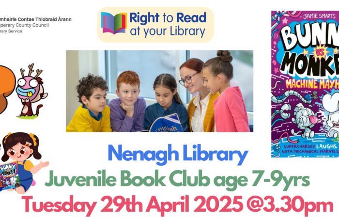 Nenagh Library Book Club (7-9 yrs) Get ready for a monstrous adventure! 🐵 Join us to read "Bunny Vs Monkey, Machine Mayhem!" by Jamie Smart. Come and share your thoughts. Date: Tuesday, April 29th, 2025 Time: 3:30 PM Book: "Bunny Vs Monkey, Machine Mayhem!" by Jamie Smart